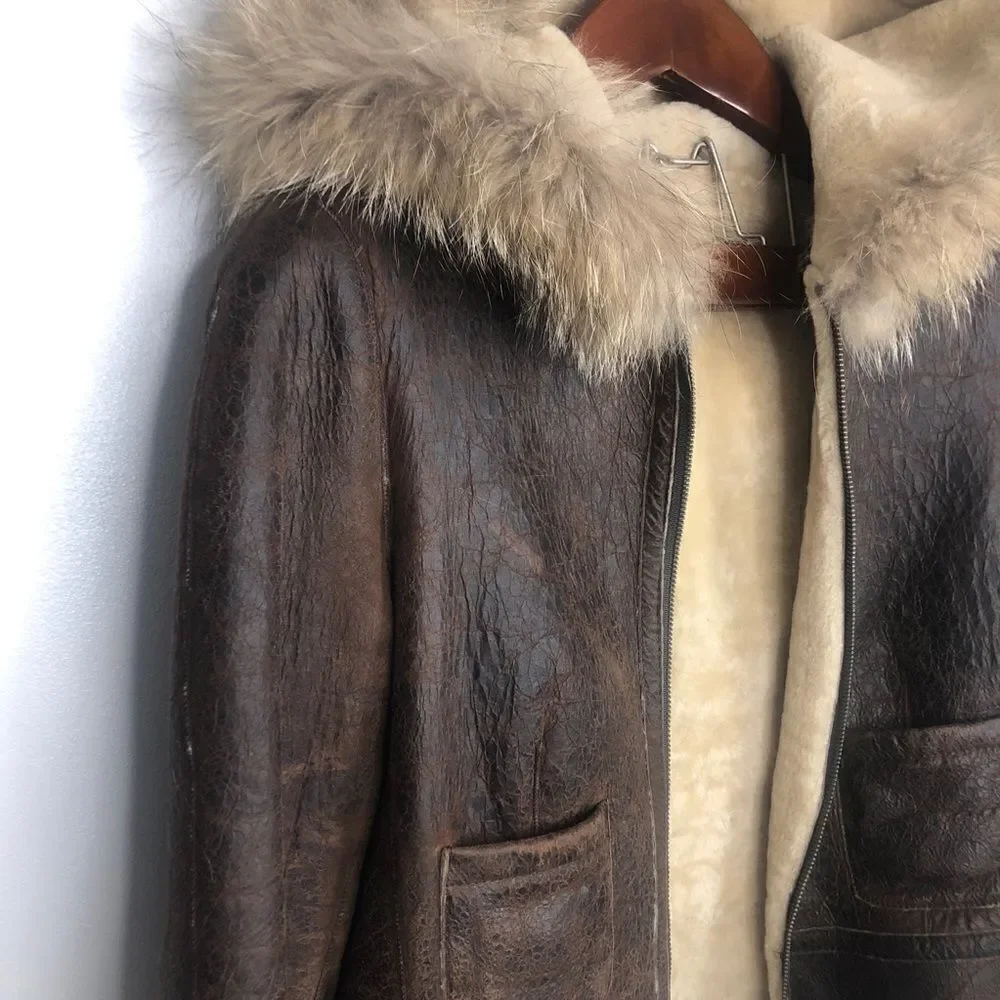 Blue Duck Leather Real Fur Bomber Coat Jacket M Brown Trim Medium - Picture 3 of 10